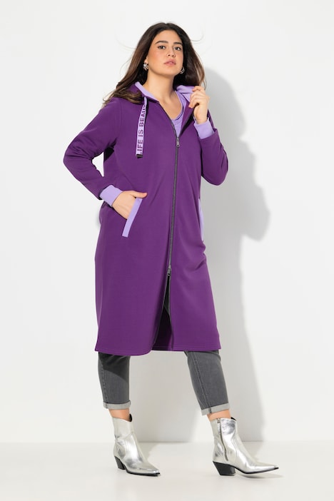 Long-Sweatjacke, Kapuze, 2-Wege-Zipper, Rückenstreifen