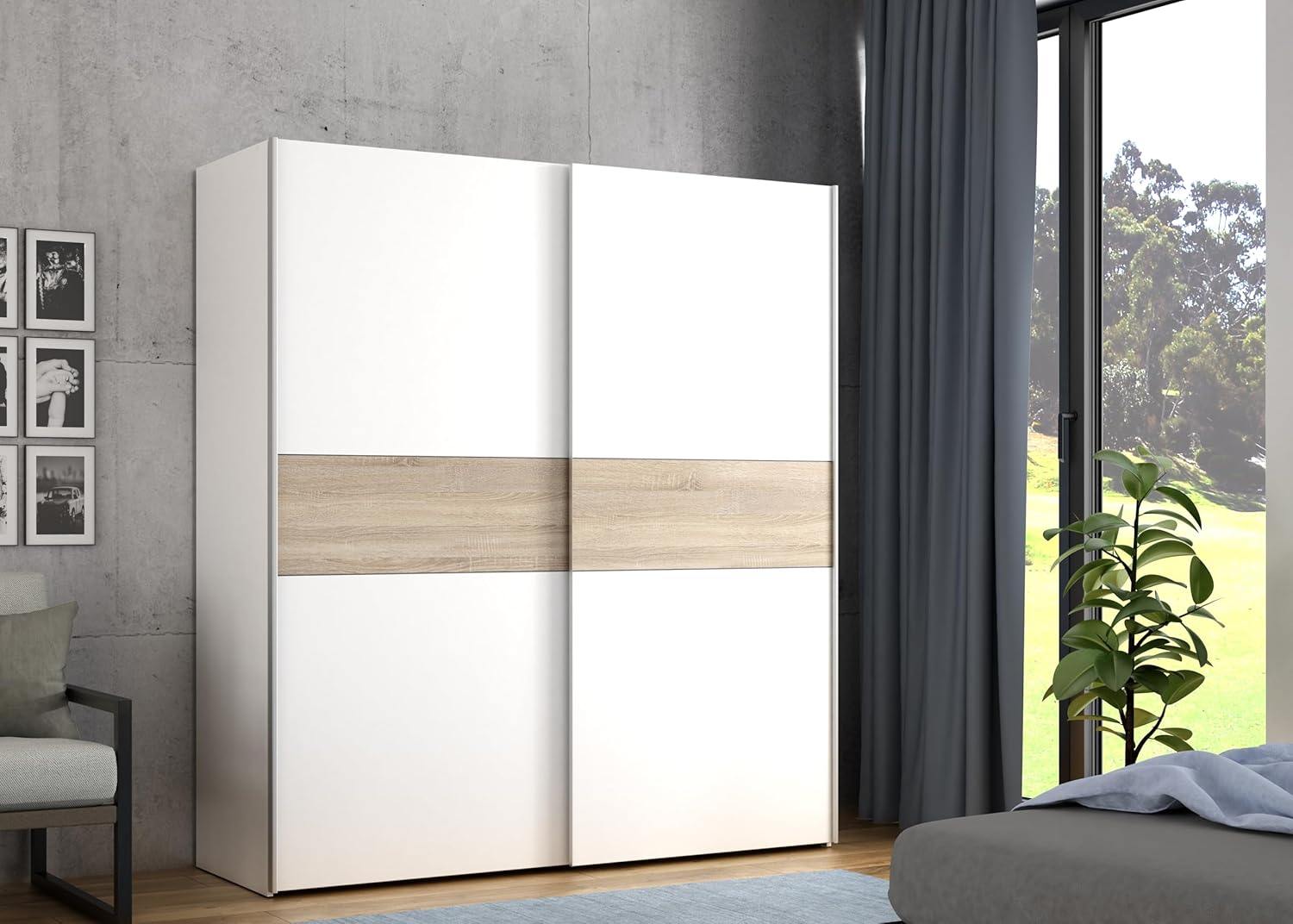 Forte LONGLINE Schrank 170, Schwebetürenschrank modern, 2-türig, weißer Kleiderschrank, Holzwerkstoff, Weiß / Sonoma Eiche Holzdekor, 170 cm breit x 190,5 cm hoch x 61 cm tief