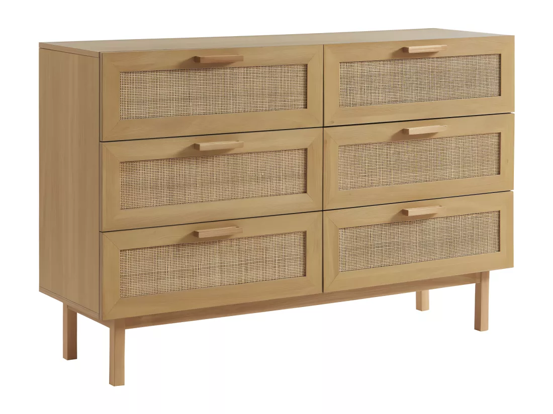 June - Commode 6 tiroirs en bois et cannage L130cm - Bois clair