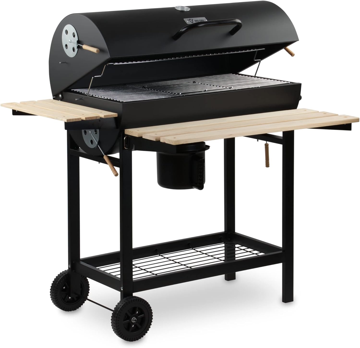 BBQ-Toro Holzkohle Grillwagen mit Deckel | Ø 80 x (L) 42 cm | Premium Holzkohlegrillwagen fahrbar, inkl. Thermometer, Warmhalterost, Holz Ablagen | Smoker, Holzkohlegrill, Barbecue Grill, Holz Grill