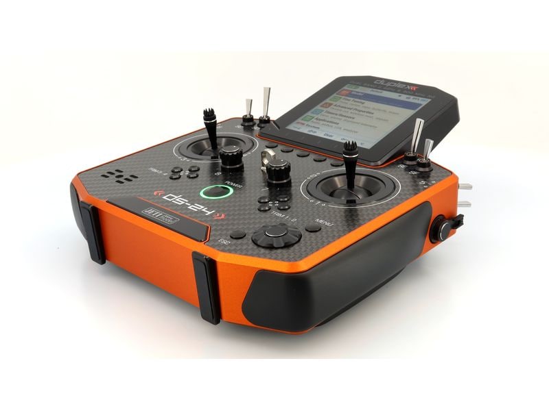 Jeti Fernsteuerung DS-24II Carbon Line Orange 24 Kanal, Dup Professioneller 24-Kanal-Sender mit Geber auf Rückseite und Carbon-Frontplatte