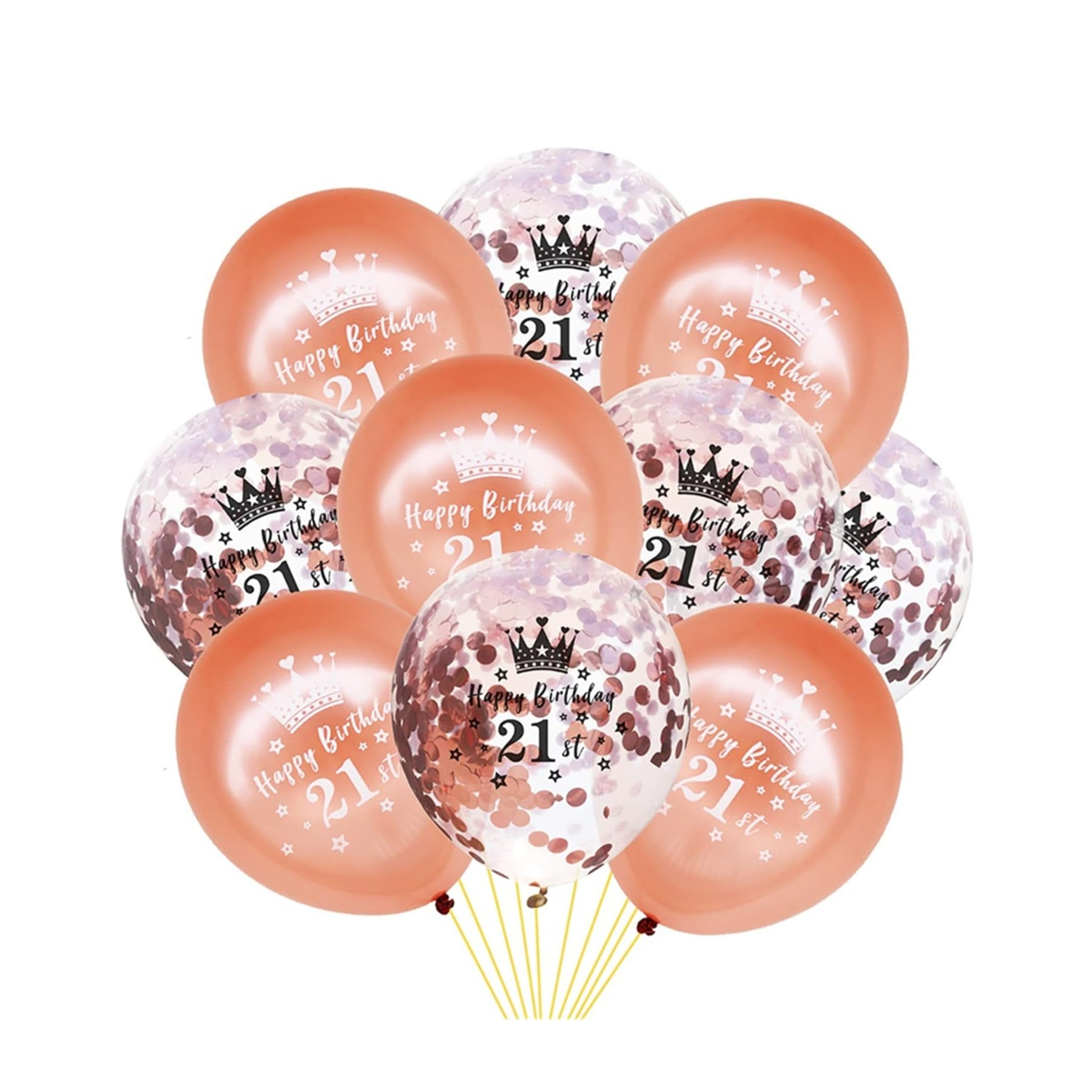 (10er Set) Ø30cm Geburtstags Party Deko Ballons Latex Luftballons 21 Happy Birthday mit Krone   Konfetti - Roségold