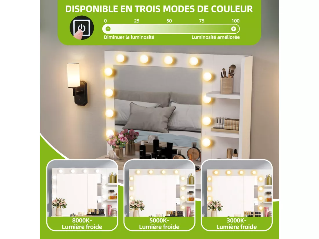YITAHOME Coiffeuse avec éclairage LED - Miroir - Étagère ouverte - 4 tiroirs - Blanc