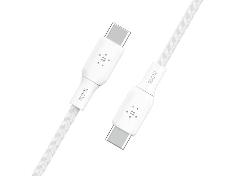 Belkin USB-Kabel Boost Charge 100 W USB C - USB C 2 m Weiss Verbindungskabel mit geflochtener Nylonummantelung von USB-C zu USB-C