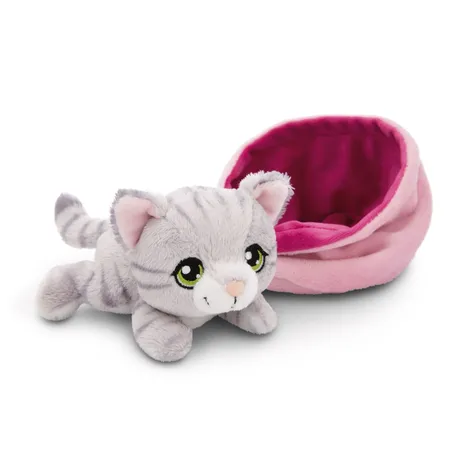 NICI Kuscheltier Katze grau getigert 12cm im Körbchen pink