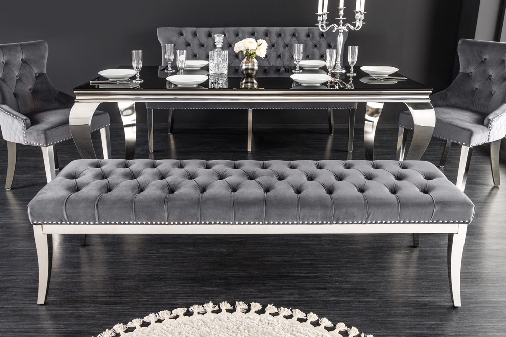 Design Sitzbank CASTLE DELUXE 165cm grau Samt silber Edelstahl gepolstert