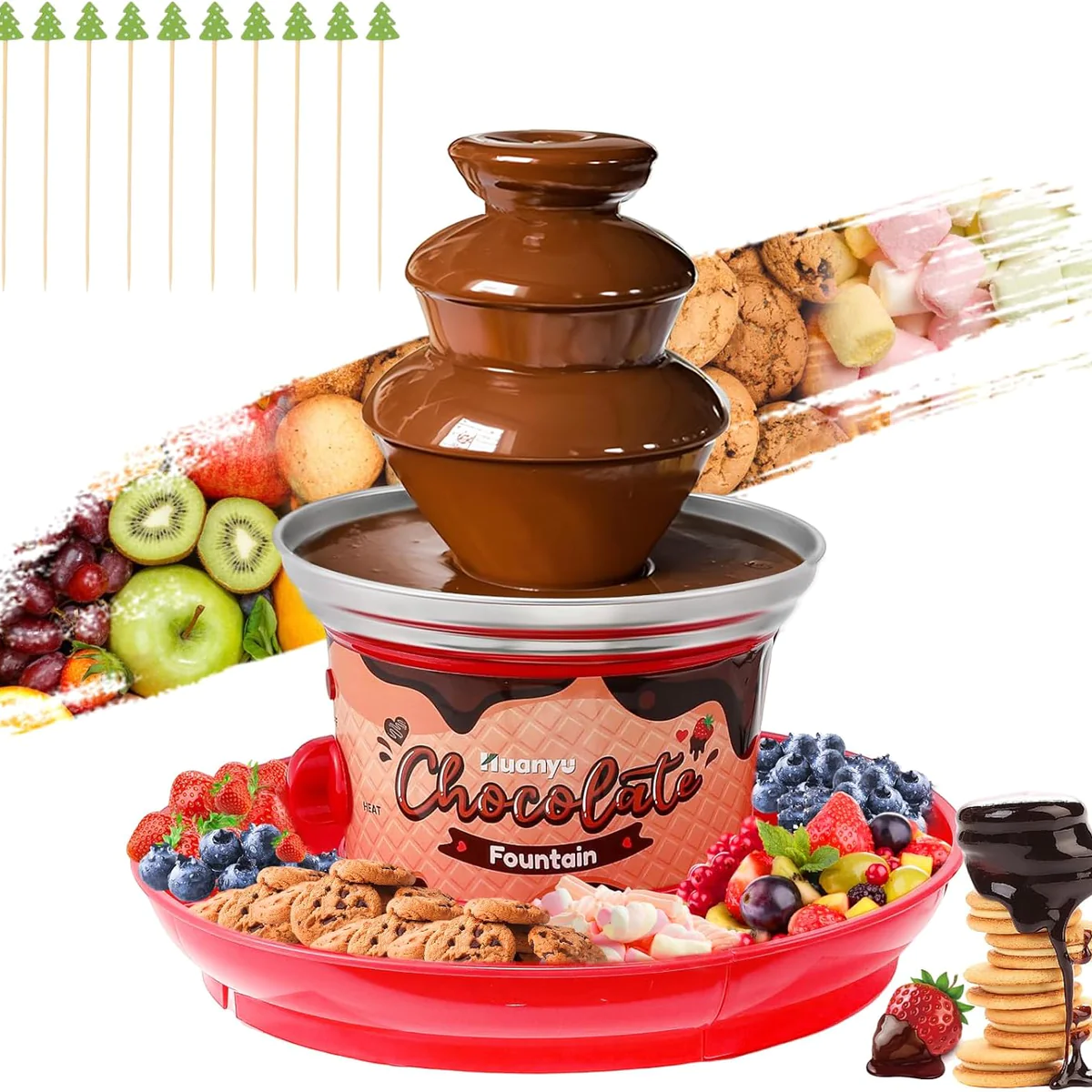 Fontaine à chocolat à 3 étages avec 10 brochettes en bambou rouge Vend