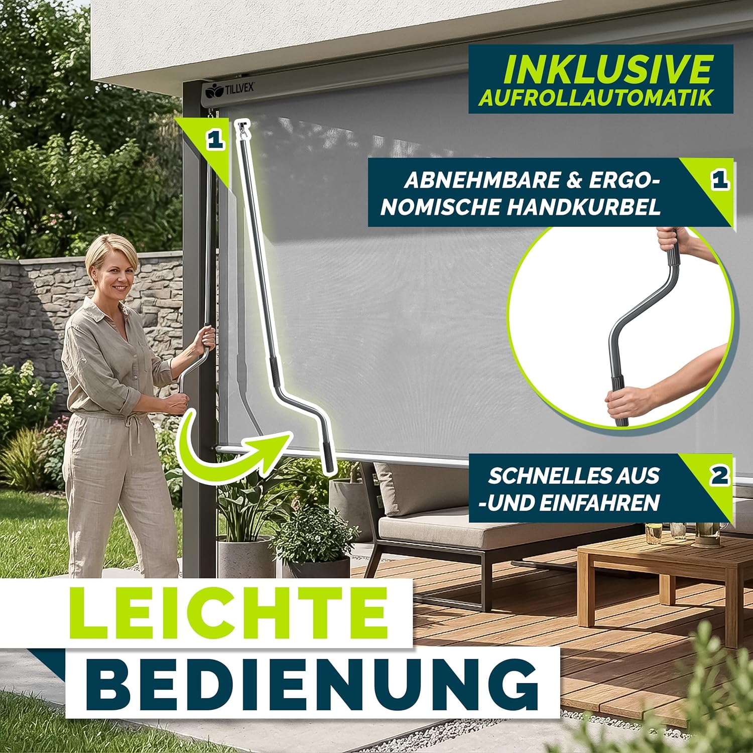 tillvex® Senkrechtmarkise 200 x 250 cm für Außen- und Innenbereich | Außenrollo wasserfest mit Handkurbel für Balkon, Terrasse & Garten | Balkonrollo Sonnenschutz aus Aluminium | Rollo Sichtschutz