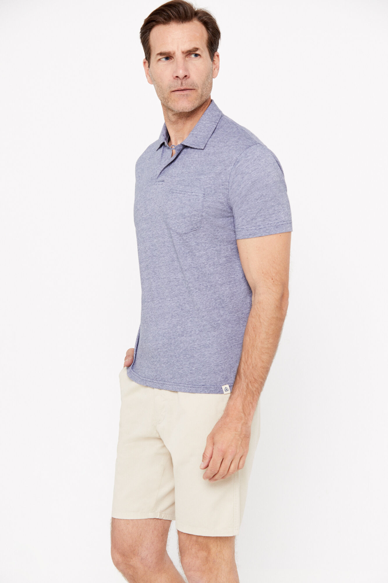 Camisa polo listrada leve com bolso - Azul escuro