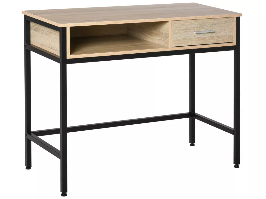 Bureau style industriel casier + tiroir coulissant châssis métal noir plateau panneaux particules chêne clair