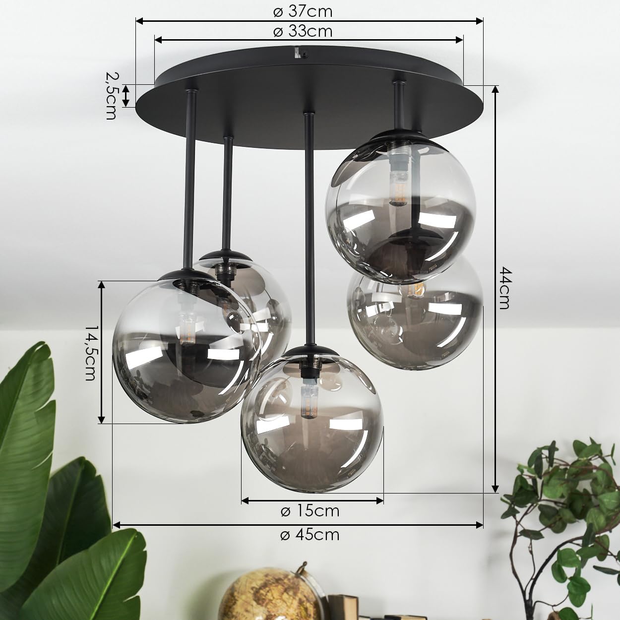 HOFSTEIN Deckenleuchte Chehalis, 5-flammige Deckenlampe aus Metall/Glas in Schwarz/Rauch, moderne Leuchte im Retro/Vintage-Design (Schirme Ø 15 cm), G9, Esszimmer, Wohnzimmer, Schlafzimmer, Küche
