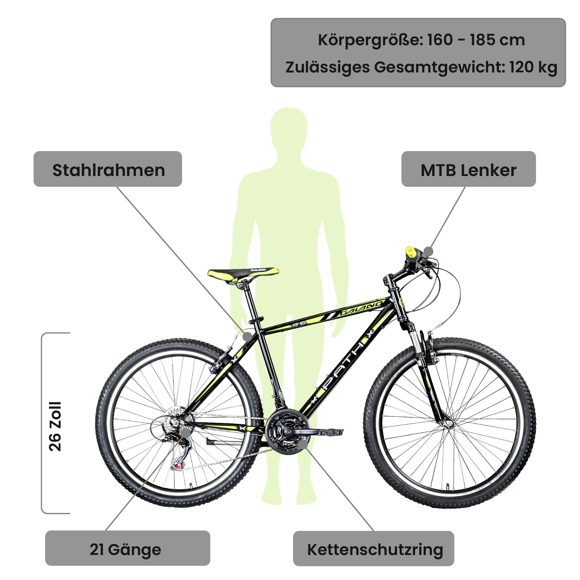 Galano Path Mountainbike 26 Zoll Jugendfahrrad ab 160 cm Fahrrad 21Gänge