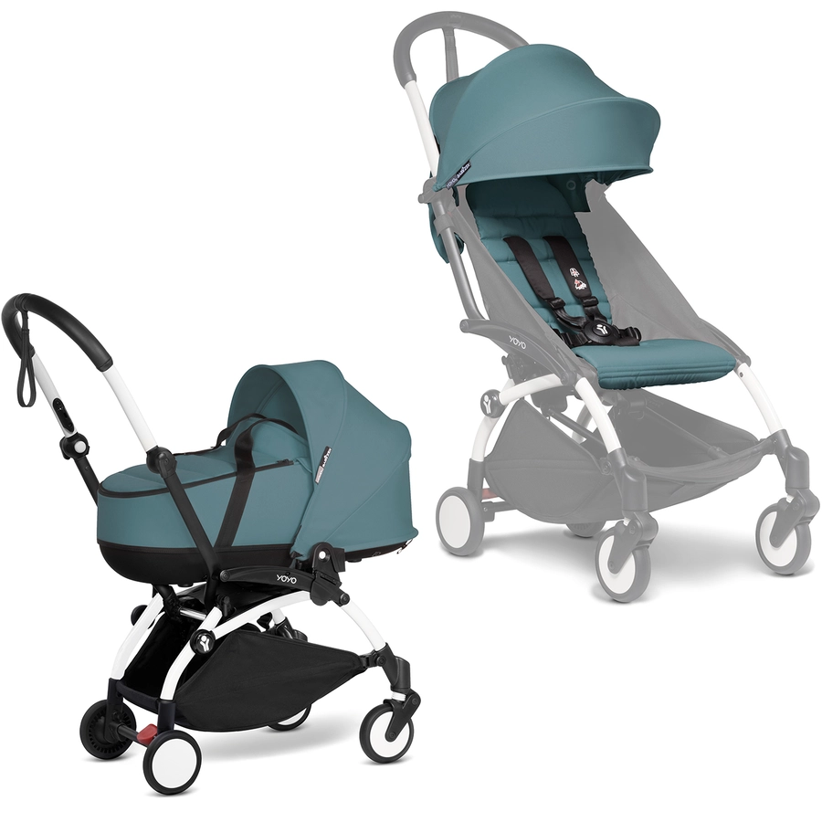 BABYZEN Kinderwagen YOYO2 0+ White mit Liegewanne und Textilset Aqua