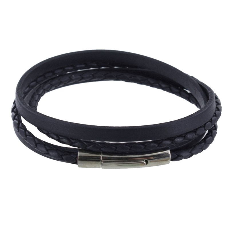 Bracelet Homme Cuir Deux Liens Plat et Tréssé Rond - Classics - Bleu Navy