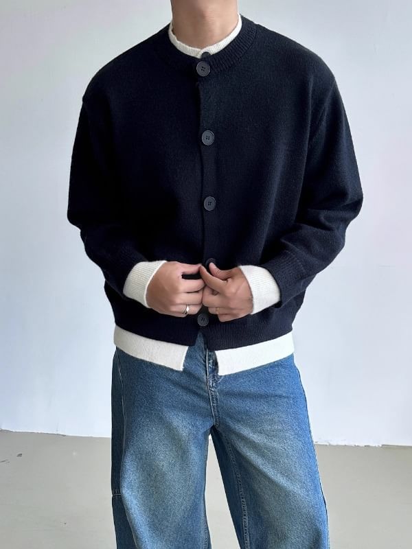 Nikoflin - Mock Two-Piece Crewneck Two Tone Button-Up Cardigan