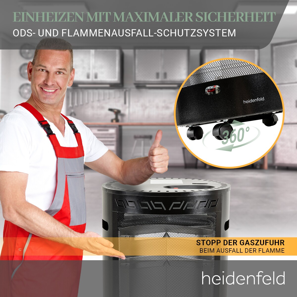 Heidenfeld Gasofen Blueflame GH110, Gasheizstrahler, 1600-4200 Watt, ODS-System, elektrische Zündung