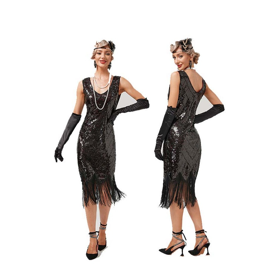 (Gr. S) Fasnachts Erwachsenen Kostüm Pailletten Flapper Kleid mit Fransen 20er Jahre Verkleidung für Motto Partys / Halloween - Schwarz