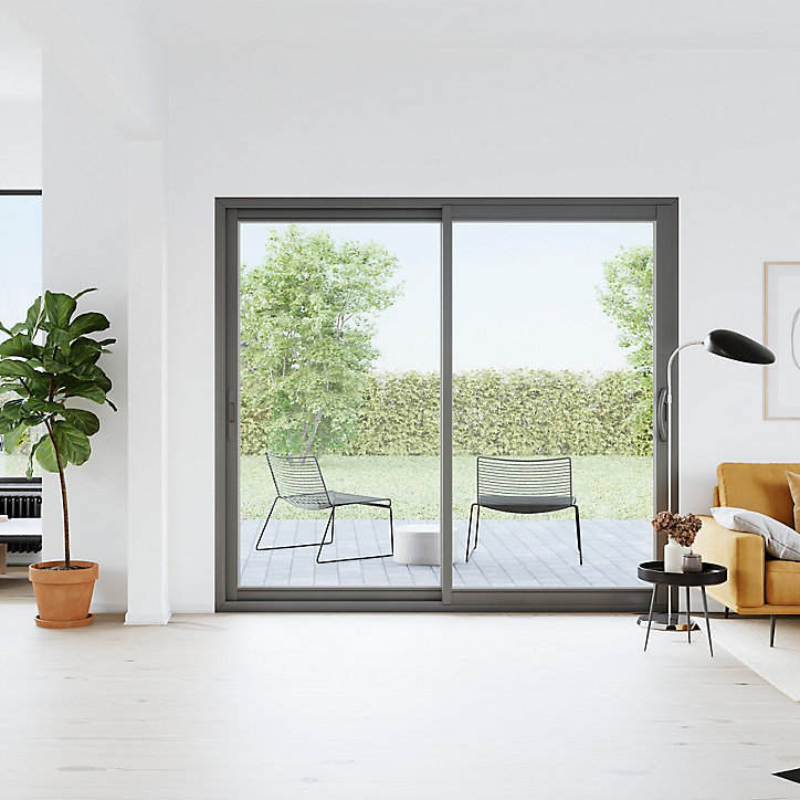 Baie vitrée coulissante alu GoodHome gris - l.240 x h.215 cm - Uw 1,7