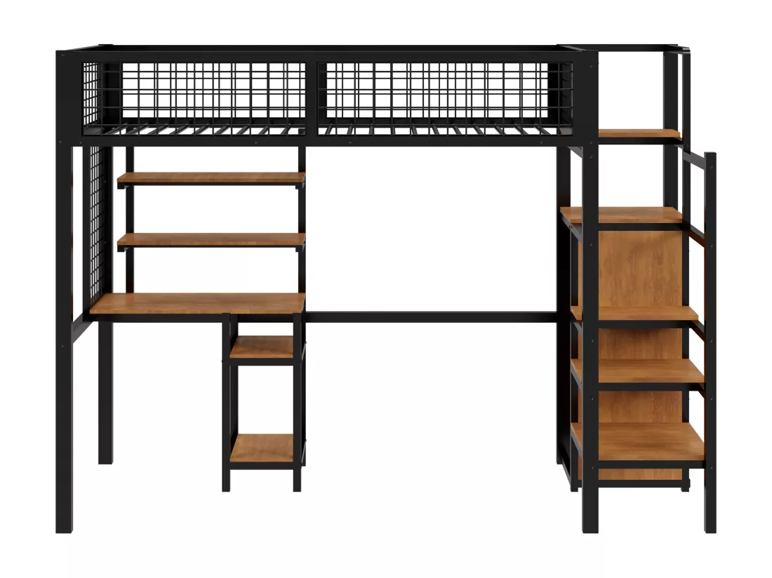 Lit mezzanine 90x200 cm avec bureau, étagères, escalier et armoire - cadre en métal - Noir