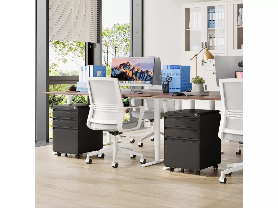 Caisson de Bureau à Roulette 3 Tiroirs,Meuble Dossier Suspendu,Classeur Métal Verrouillable pour Bureau,Bureau à Domicile - 40x45x60cm - Noir