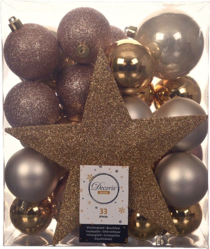 Decoris kerstballen set - 34-dlg - goud/champagne/bruin - incl. piek - kunststof - kerstversiering