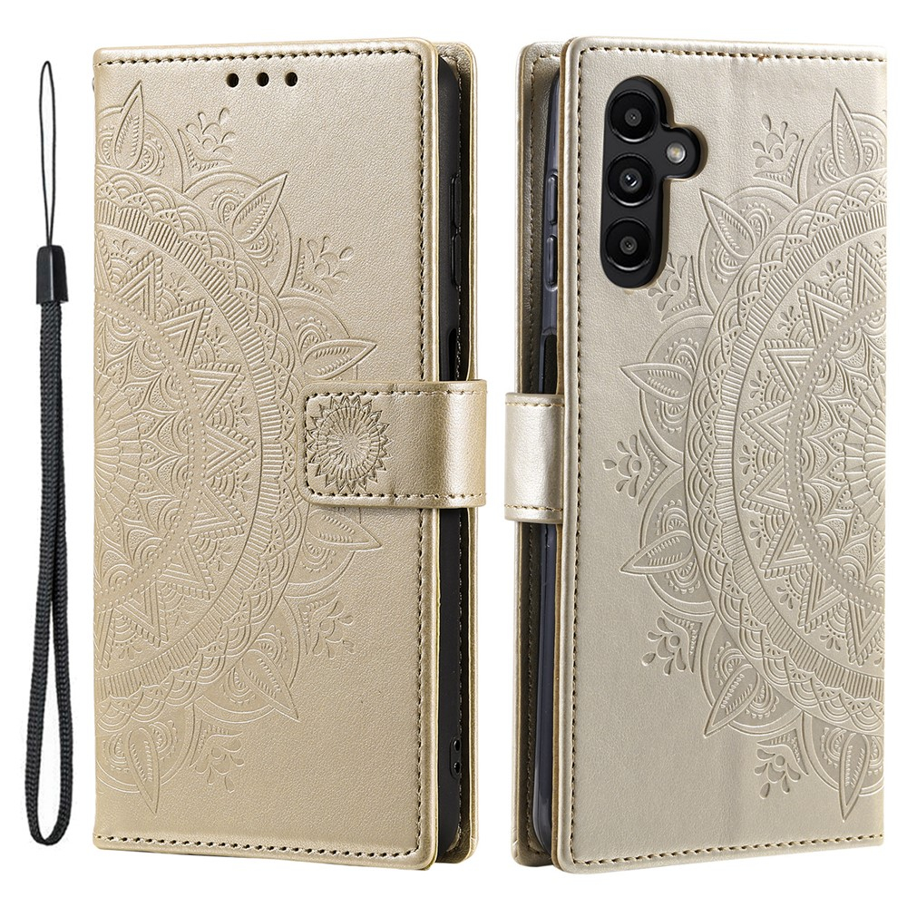 Samsung Galaxy S25 FE Leder Tasche Wallet - Mandala Flowers Imprint - Gold