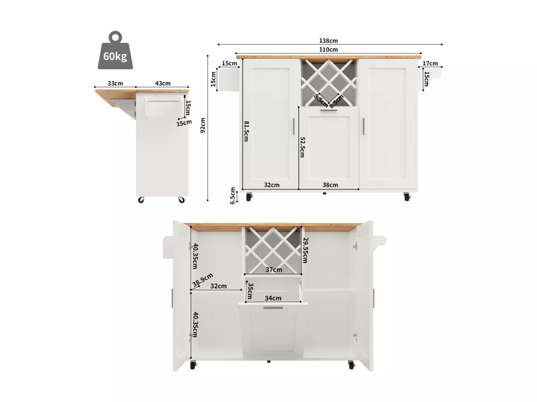 Ilot central de cuisine - chariot à roulette avec plateau extensible - 2 portes et casier à vin - Blanc