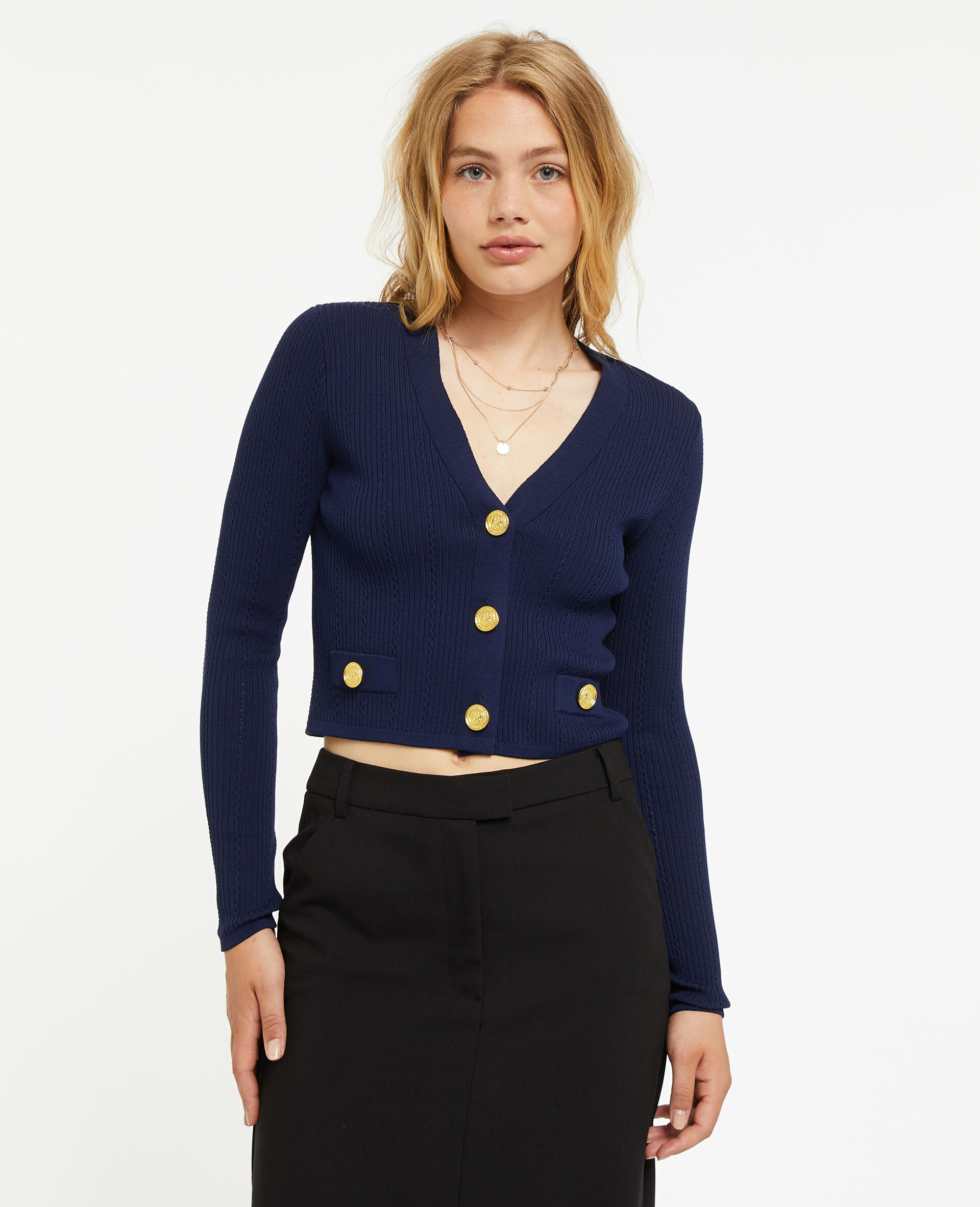 Gilet court maille fantaisie et boutons marins - Bleu marine