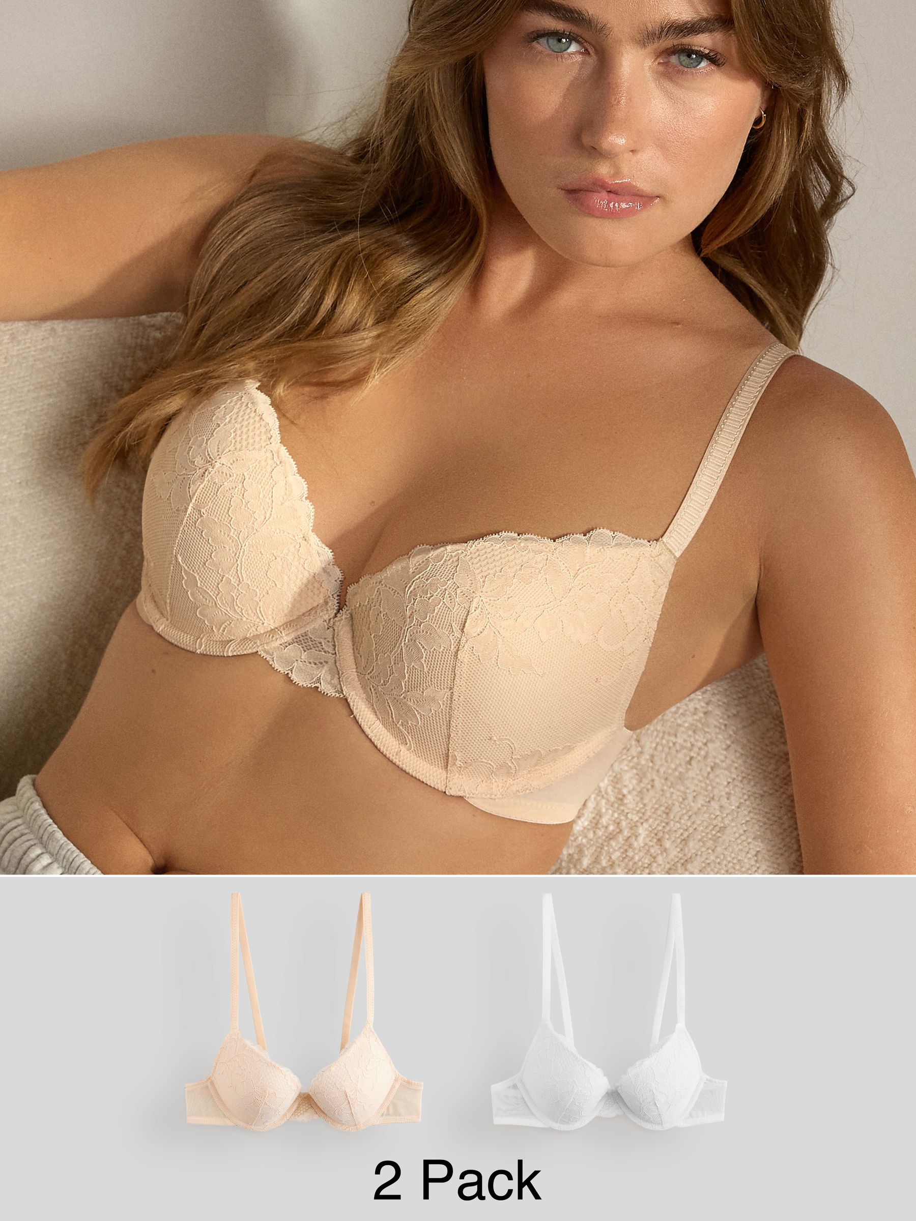 Praline huidskleur & wit - Set van 2 push-up beha's met lage decolleté en kant