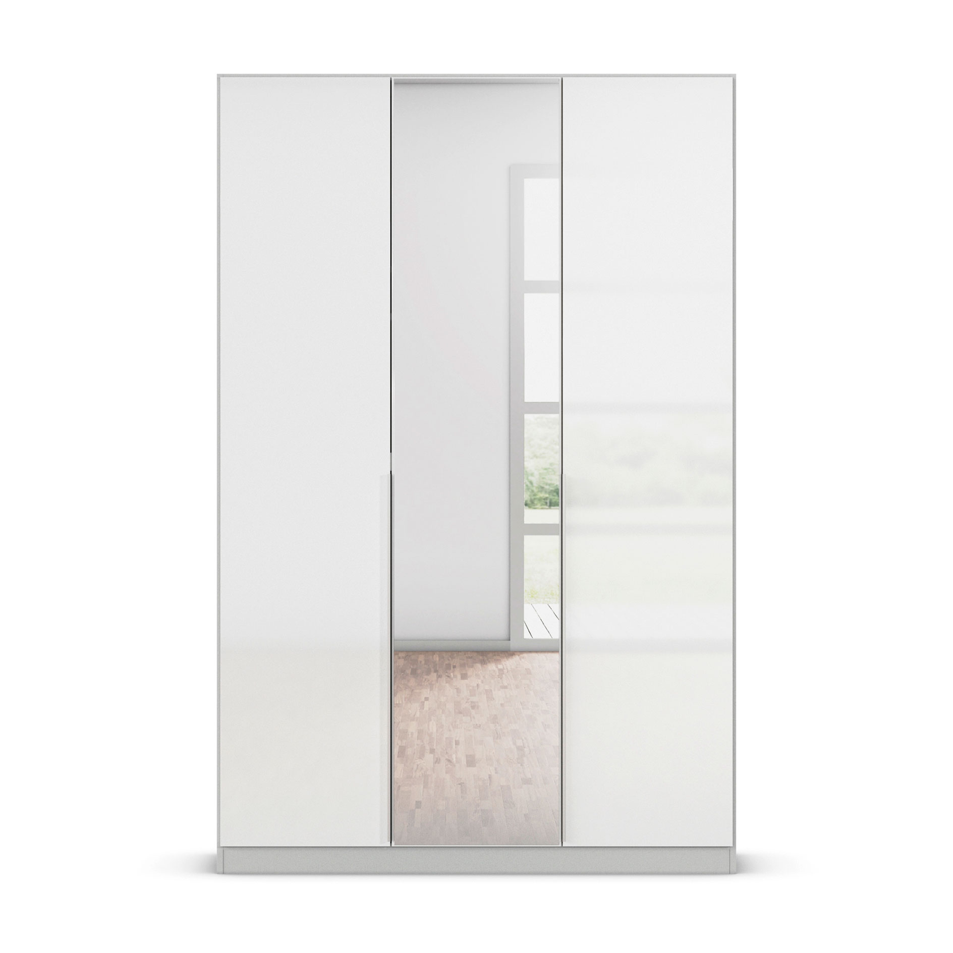 Drehtürenschrank - weiß Hochglanz - seidengrau - Spiegel - 3-türig - 136x210 cm