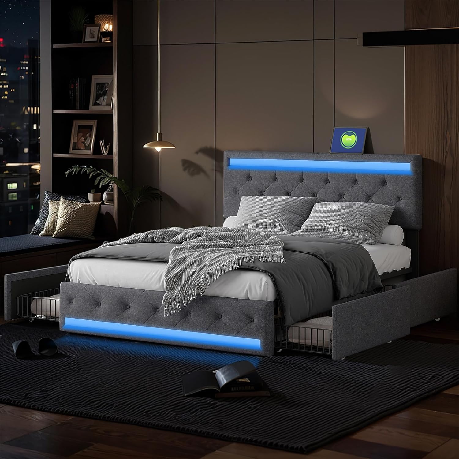 Polsterbett 160x200 mit LED-Beleuchtung & USB-Ladestation – Dunkelgrau, 4 Schubladen & Verstellbares Kopfteil – Stabiler Metallrahmen