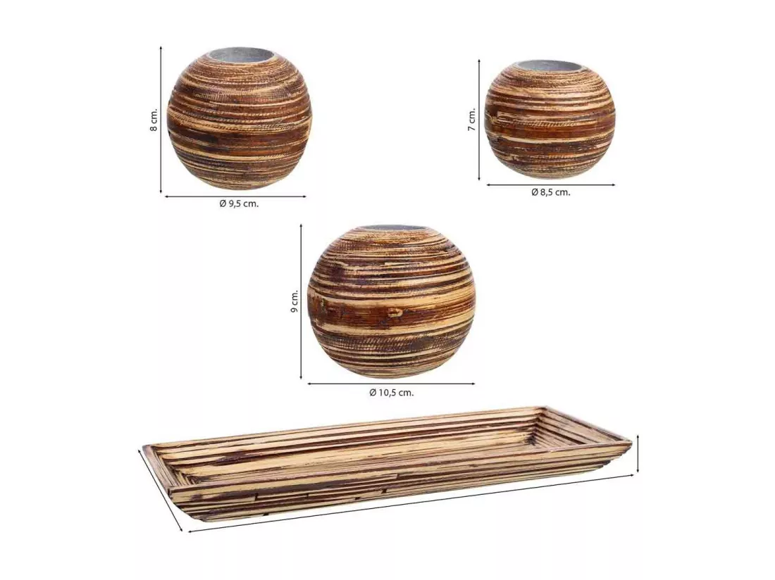 Ensemble plateau et 3 bougeoirs en bois de bambou marron 33x13x3h cm