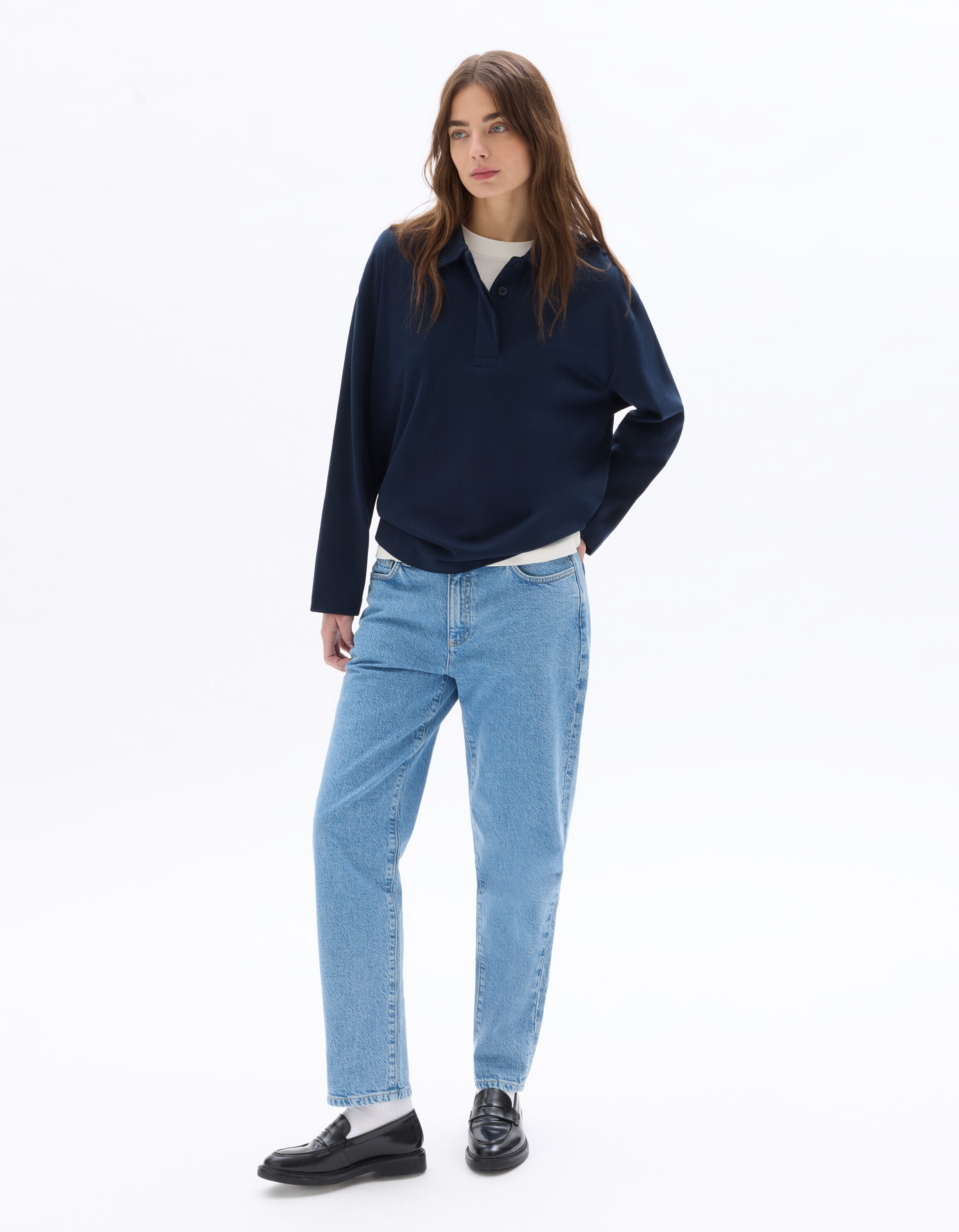 Jean mom coton stretch - bleu double stone