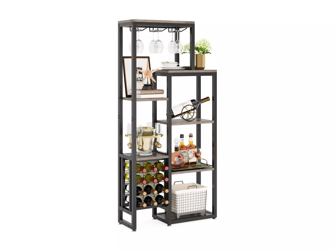 Étagère à vin autoportante à 5 niveaux avec support pour verres et rangement de vin, gris