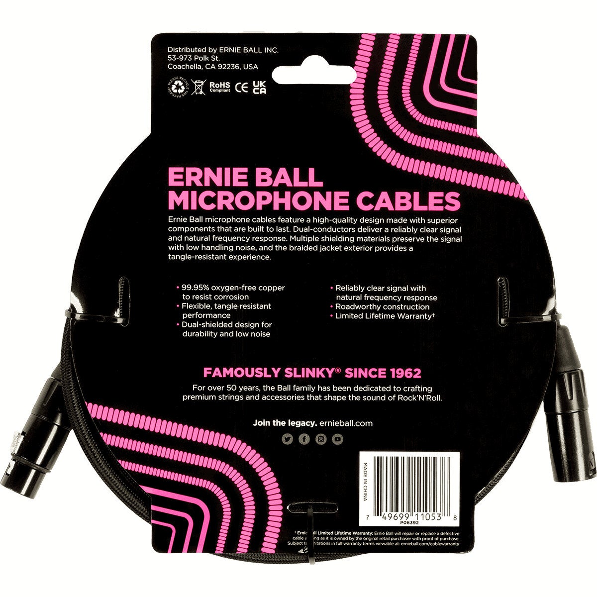 Ernie Ball 6392 microfoonkabel XLR male-XLR female 6m zwart