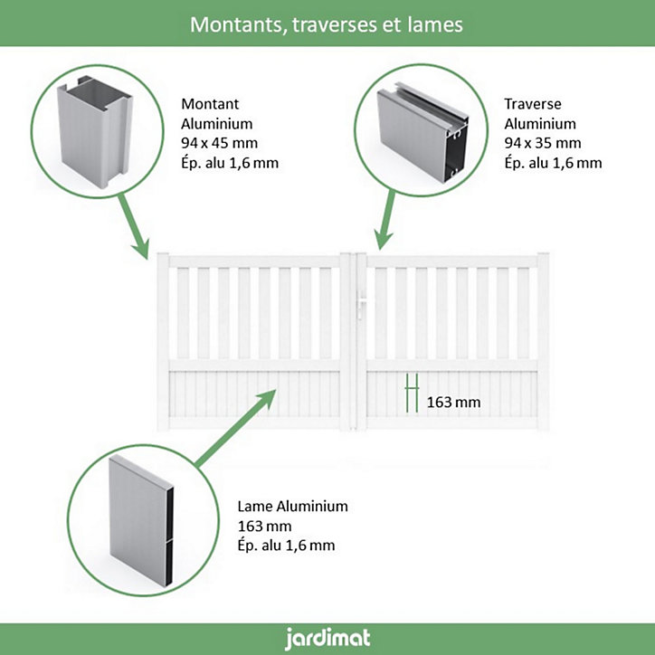 Portail Jardimat aluminium Garonne blanc 9016 - 300 x h.140 cm