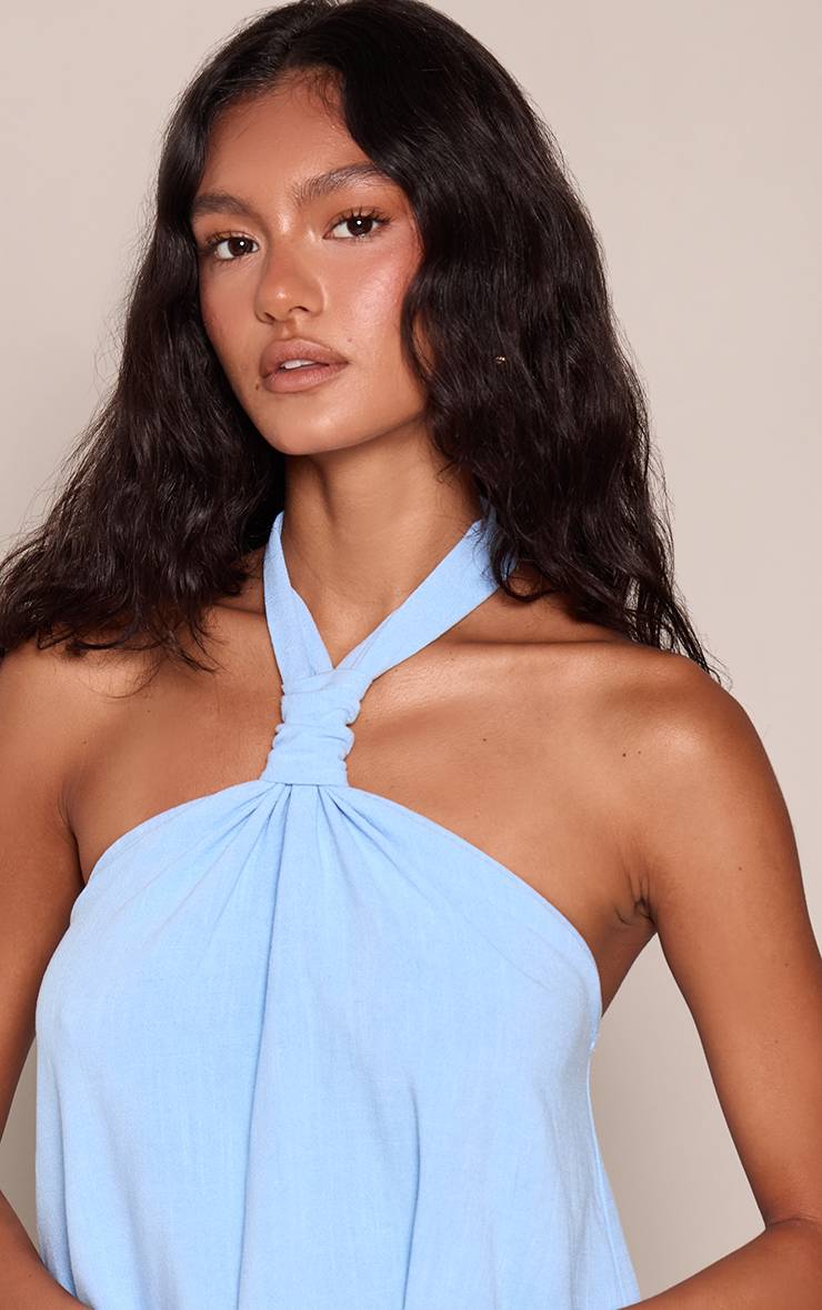 Bleu Robe Droite Dos Nu En Lin Avec Col Licou