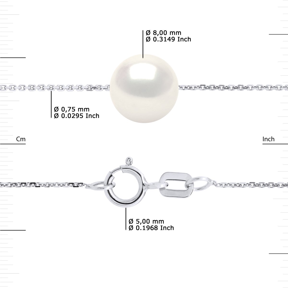 Collier Perle d'Eau Douce Ronde 8-9 mm Blanche Chaîne Forçat Argent 925