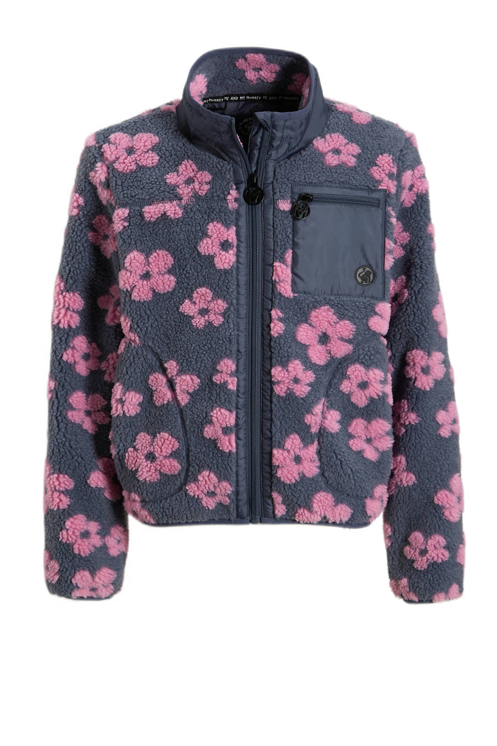 Me & My Monkey teddy tussenjas met bloemenprint blauw/roze
