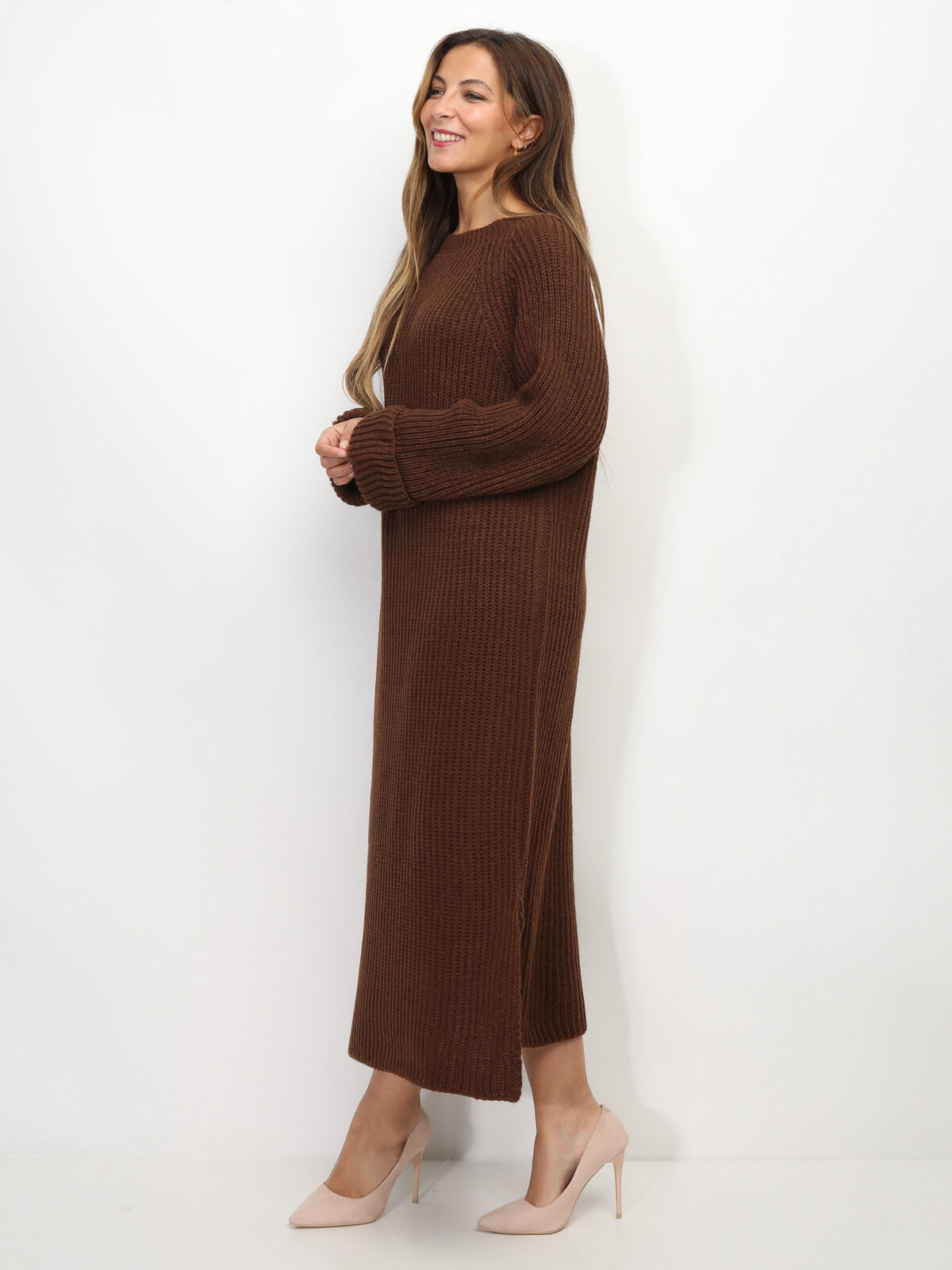 Robe à manches évasées et fentes- Marron