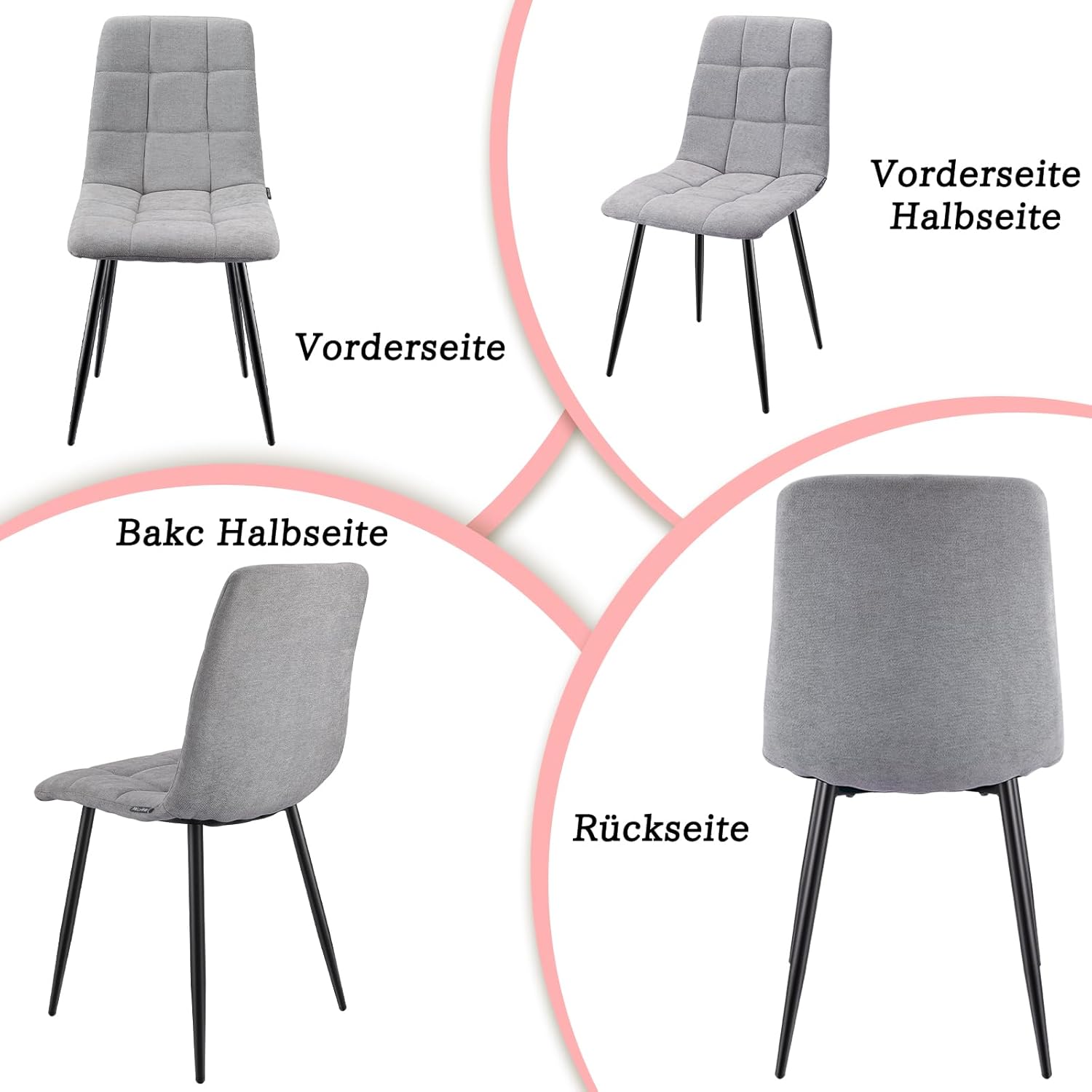 Esszimmerstühle 6er Set, Gepolsterter Stuhl mit Hoher Rückenlehne und Leinendesign, Esstischstühle mit Metallfuß, für Esszimmer, Wohnzimmer, Küche, Schlafzimmer und Empfangsraum, Grau