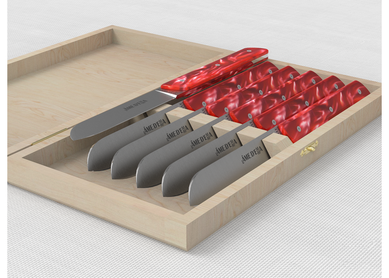 Service de 6 couteaux de table avec un manche en Madreperlato Rouge et lame en acier inoxidable