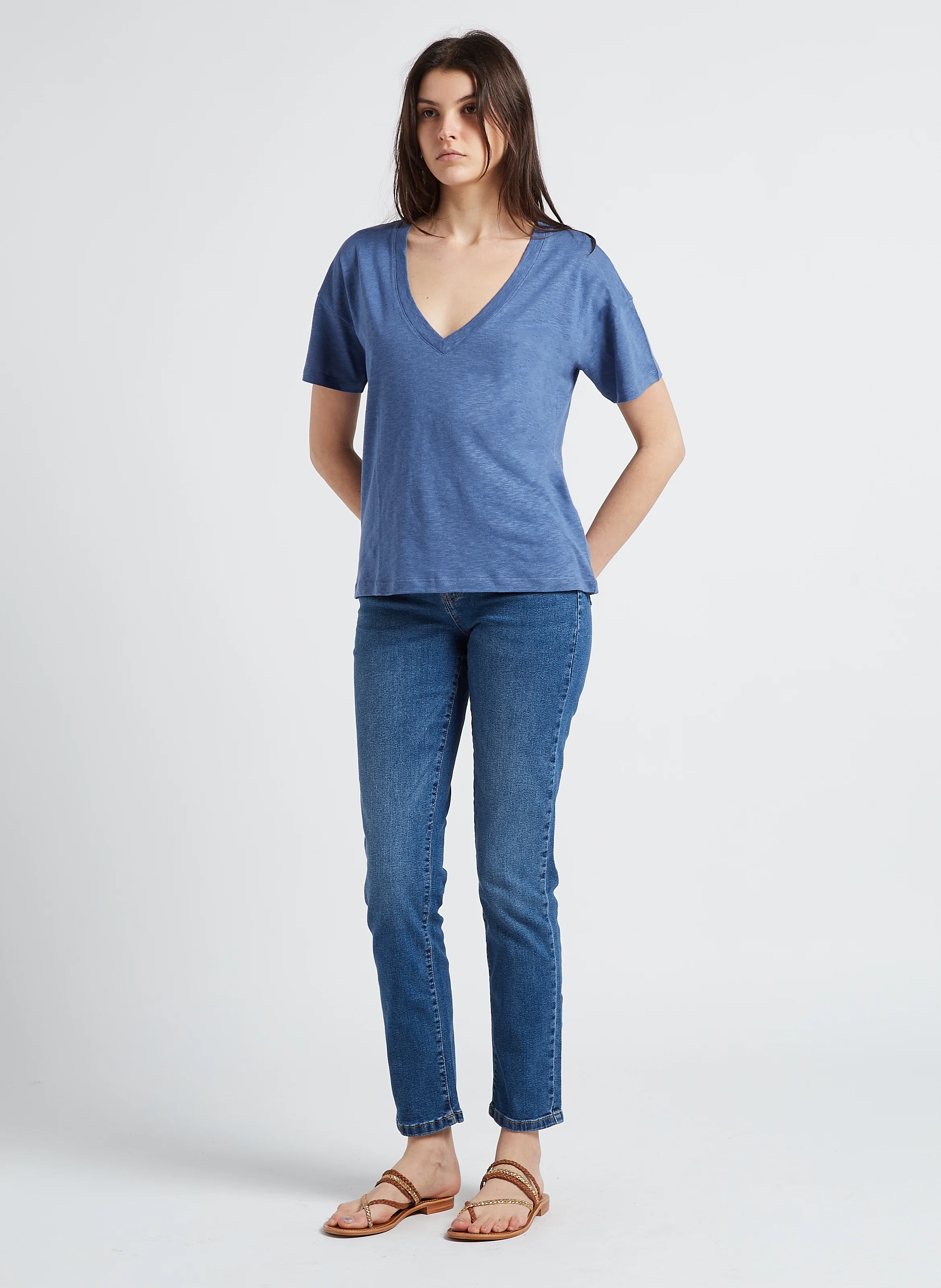 Jean droit taille mi-haute en denim de coton| Bleu