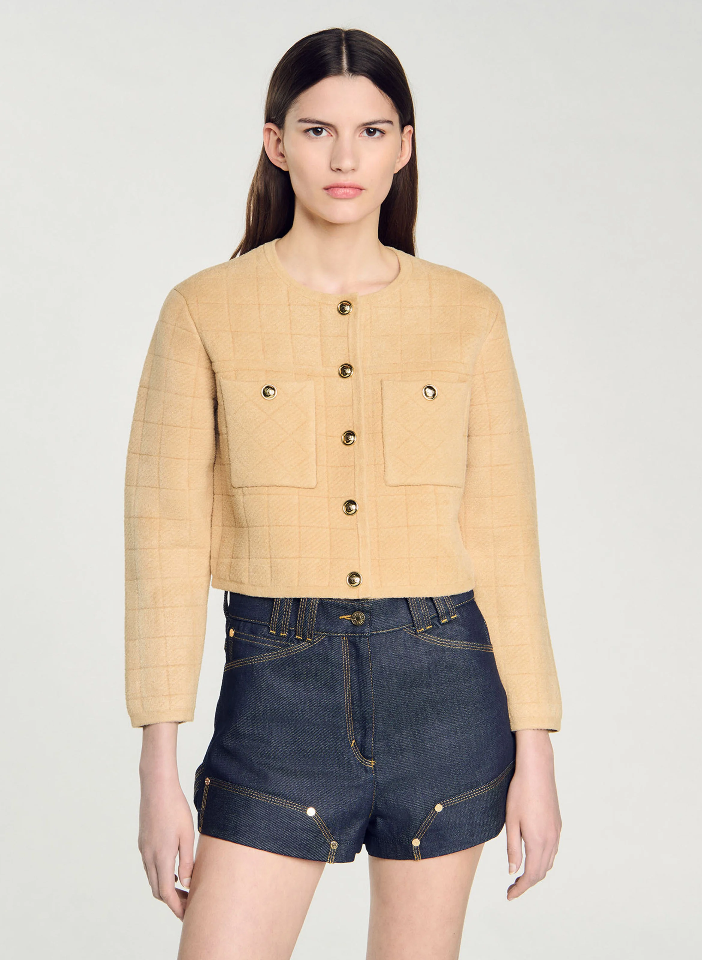 Veste col rond droite en maille | Marron