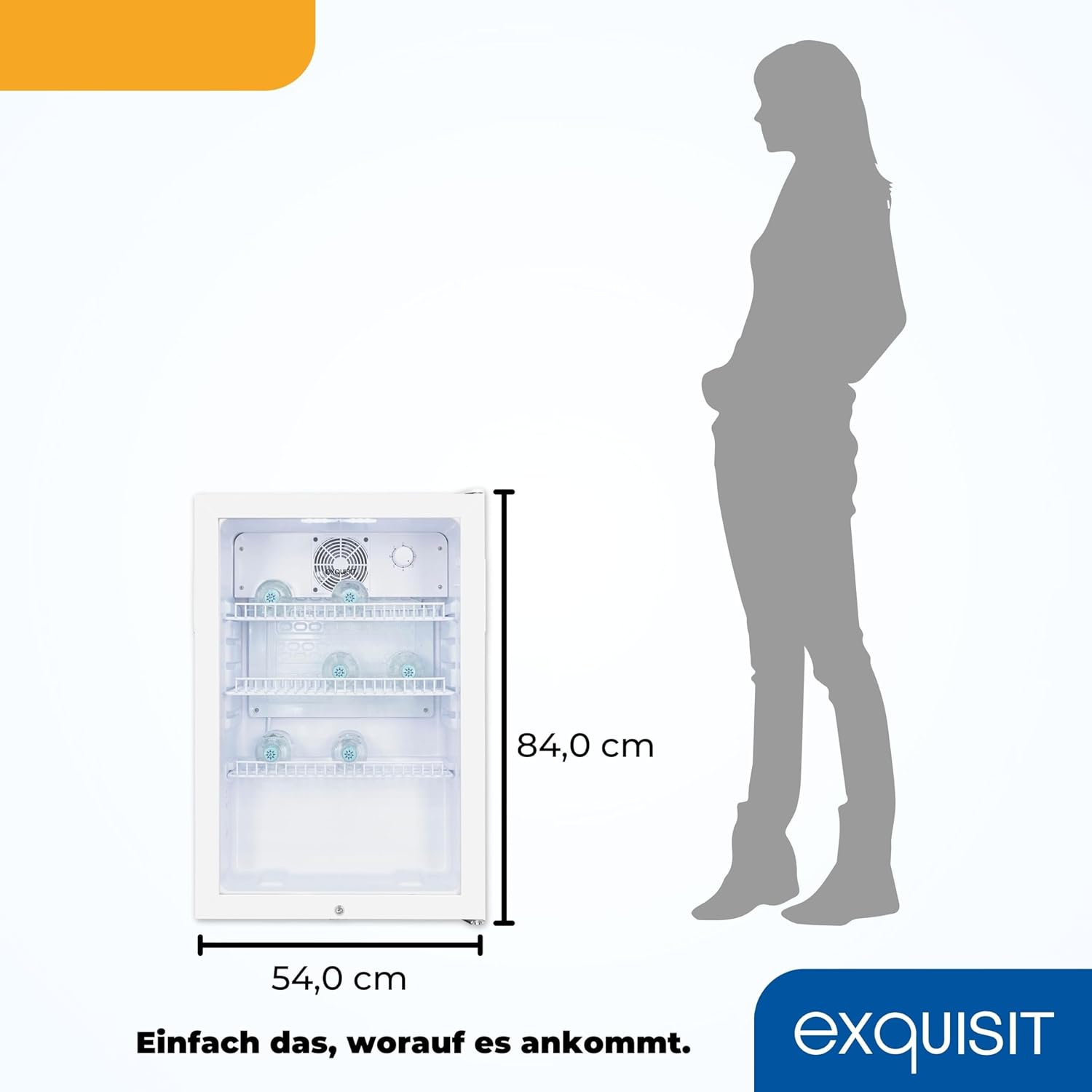 Exquisit Glastürkühlschrank GKS120-GT-160C weiss | Nutzinhalt: 118 L | Türschloss | 3 Gitterablagen | Umluftventilator | Standgerät