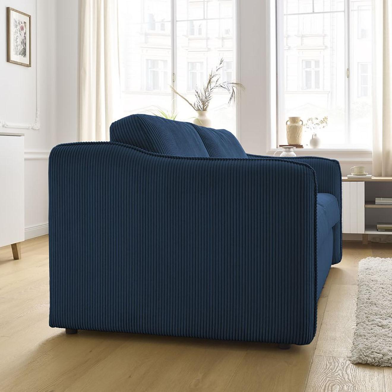 Bobochic Canapé droit convertible express en Velours côtelé 3 places Lenny bleu foncé - 178x102x89 cm
