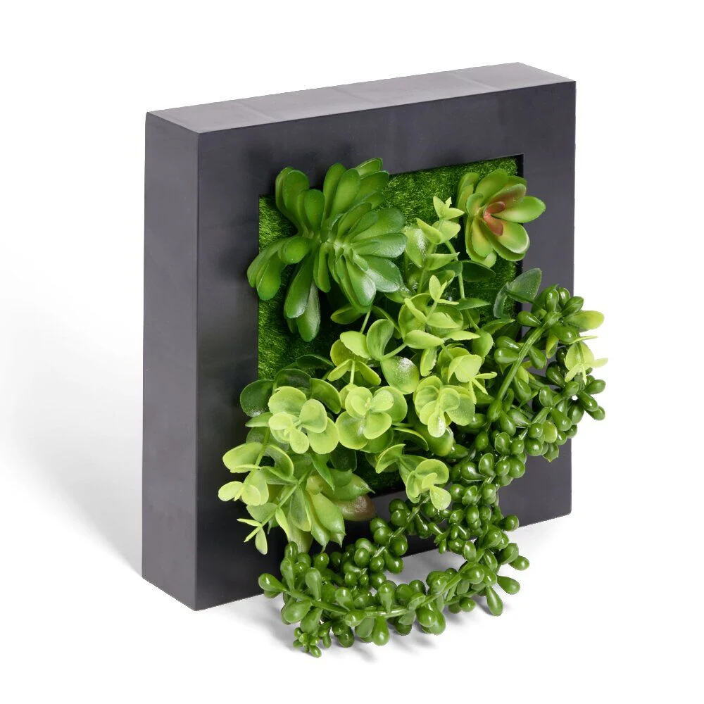 Plante artificielle décoration murale cadre bois noir 20x20cm