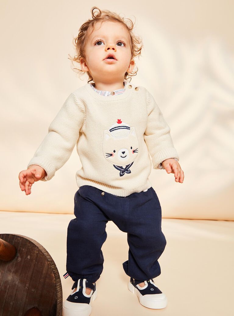 Pull beige chiné en tricot avec chat marin