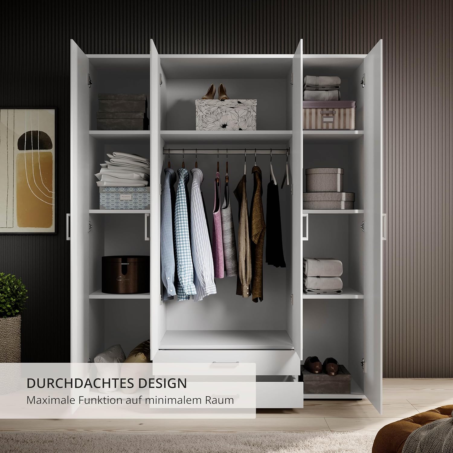 KARL Eleganter Kleiderschrank 4-türig mit viel Stauraum - Vielseitiger Drehtürenschrank in Weiß mit Spiegeltüren - 160 x 196 x 54 cm (B/H/T)