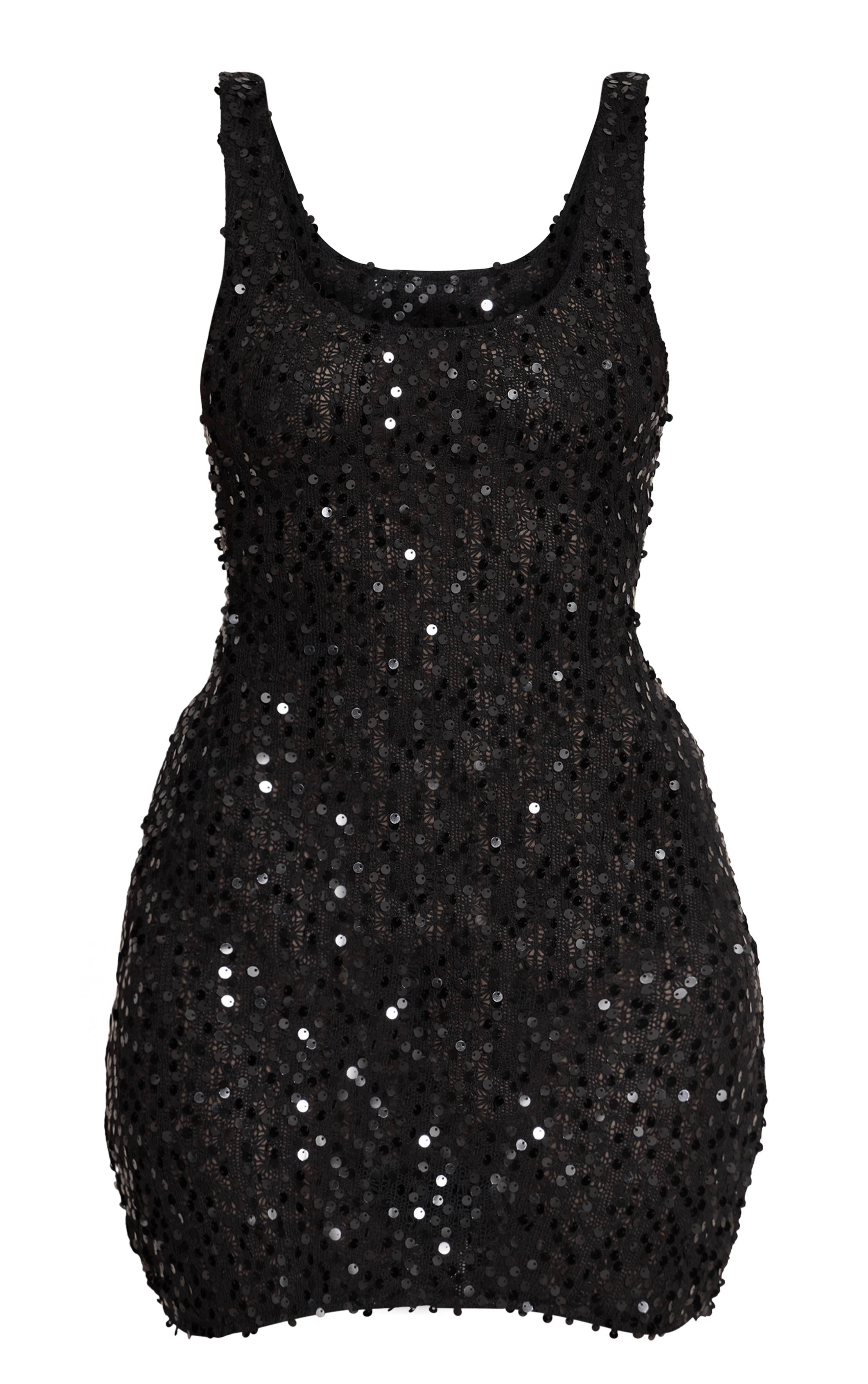 Noir Robe Mini À Col Rond Ornée De Paillettes